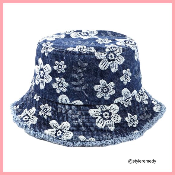 Vintage Cotton Denim Bucket Hat with Floral Embroidery and Pocket main image 5